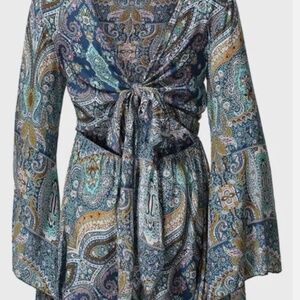 AELSON Women's Boho V Neck Print Romper Playsuit With Long Flare Sleeves
